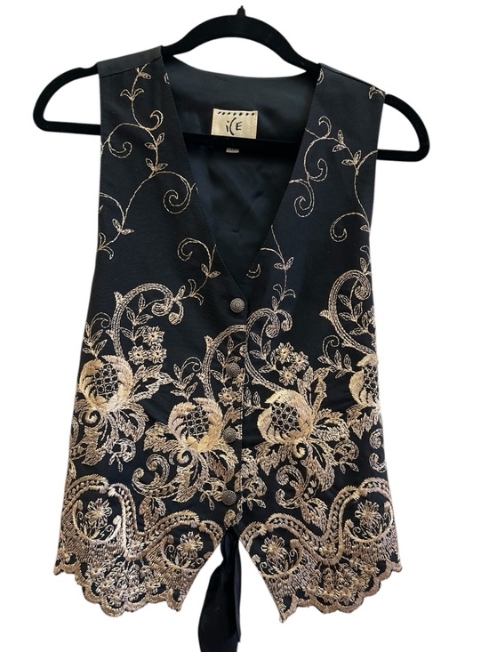 Ice Jackets & Blazers - Vintage ICE Embroidered Vest Black Gold Boho Tie Back Cottagecore M